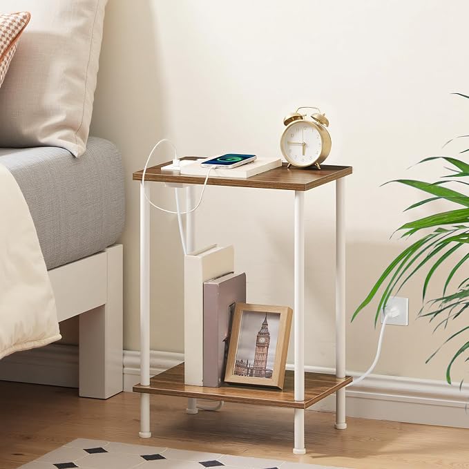 HOOBRO Side Table with Charging Station, Nightstand with 2-Layer Storage Shelves - Image 4