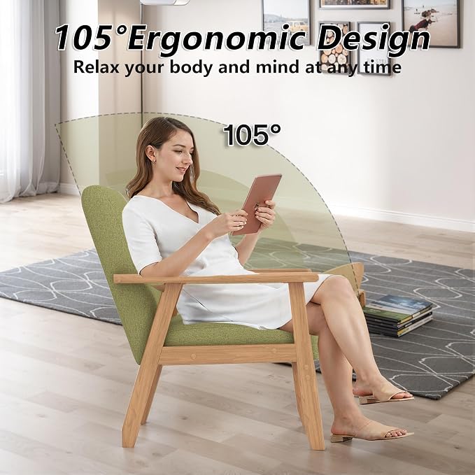 Modern Accent Chair with Wooden Table, Upholstered Linen Fabric Leisure Side - Image 4