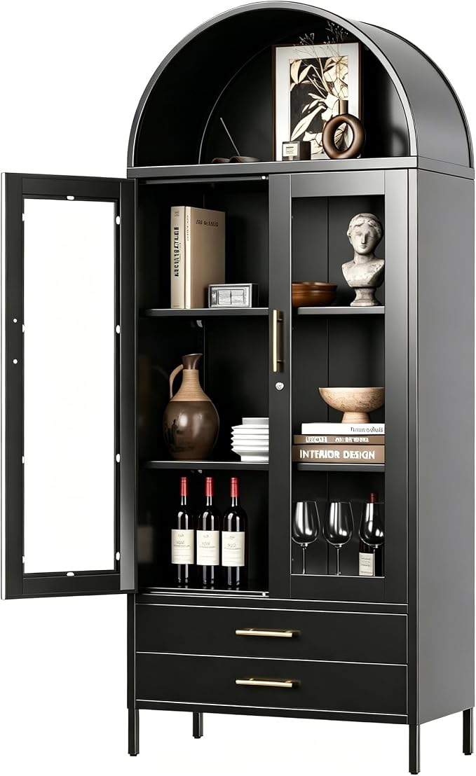 73" Tall Display Cabinet with Glass Doors and 2 Drawers, Metal Arched Cabinet - Image 7