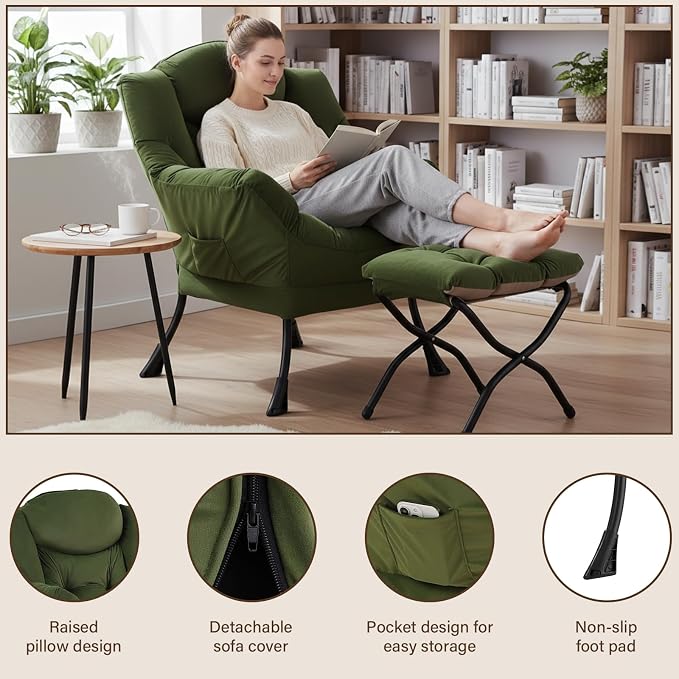 Welnow Lazy Chair with Ottoman, Modern Reading Accent Chair with Armrests and a - Image 4