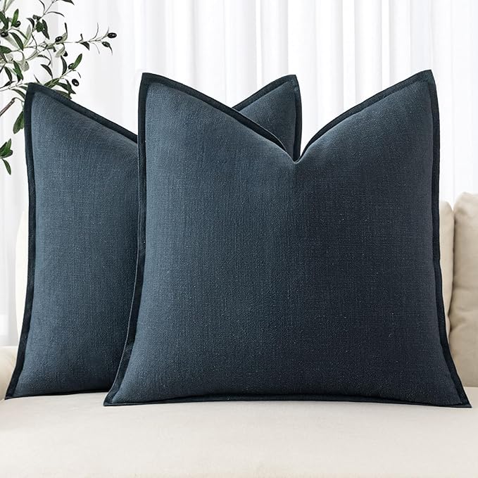 MIULEE Decorative Linen Pillow Covers 16x16 Inch Navy Blue ​Boho Farmhouse​ by MIULEE