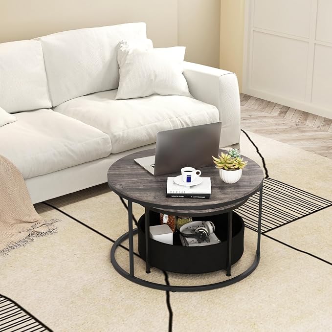 Tangkula Round Nesting Coffee Table Set of 2, Wooden Center End Table - Image 7