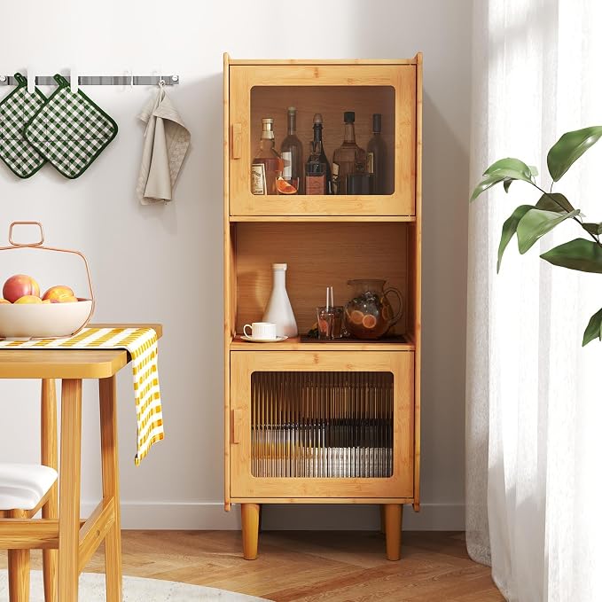 Giantex Bamboo Storage Cabinet, 3-Cube Bookcase, Freestanding Liquor Display - Image 4