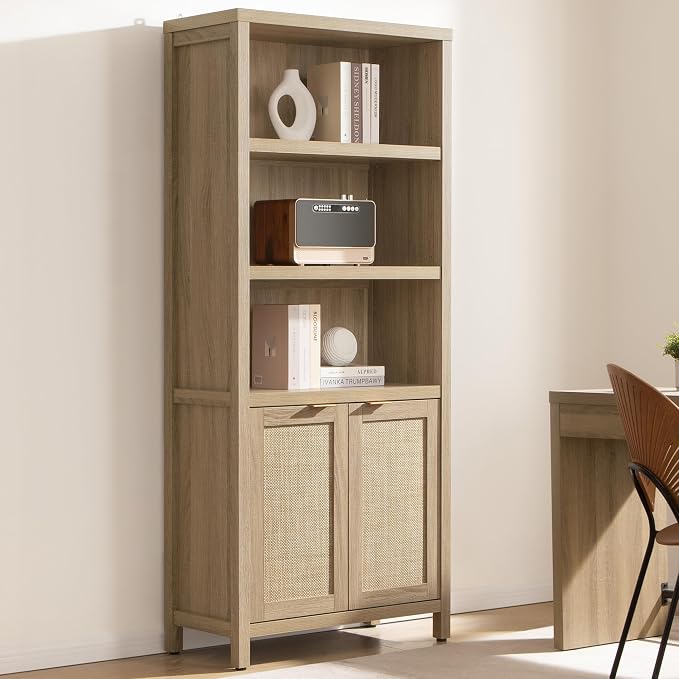 SICOTAS Bookcase 71" Tall Bookshelf 5 Tier Rattan Boho Bookcase by SICOTAS