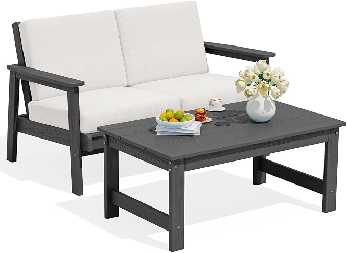 SERWALL Outdoor Loveseat, All-Weather HDPE Outdoor Furniture Set by SERWALL