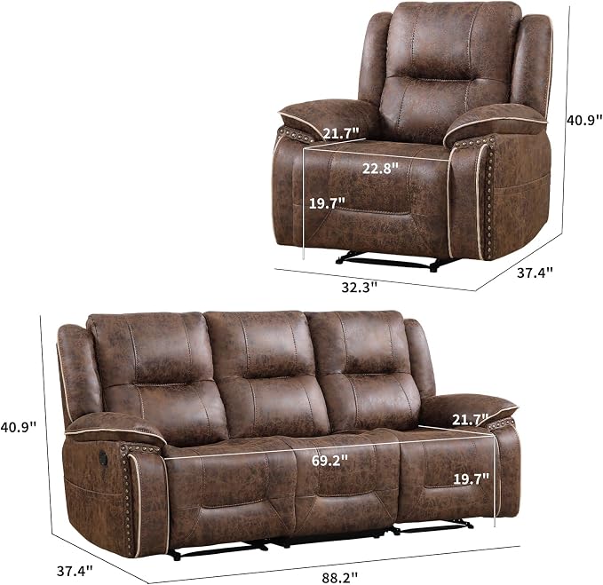 EBELLO Faux Leather Manual Recliner Sofa Set, Double 1 Seat Reclining Chair - Image 2