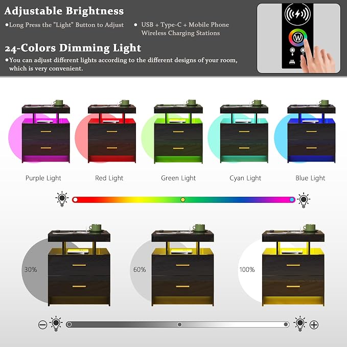 HNEBC Auto LED Nightstand with Wireless Charging Station & USB Ports, High - Image 7