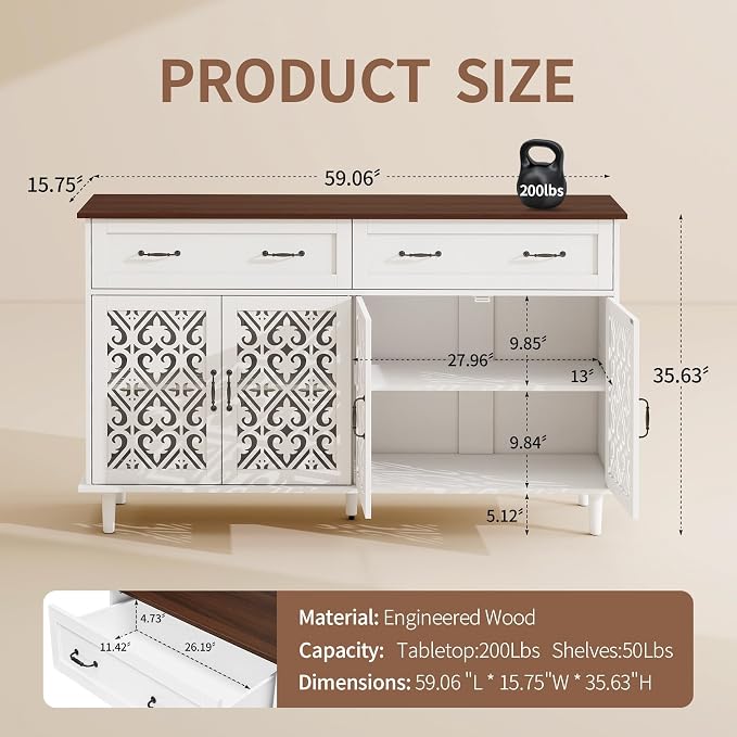 59″ White Bohemia 4 Heart Shaped Carved Doors, 2 Drawers and 2 Adjustable - Image 2