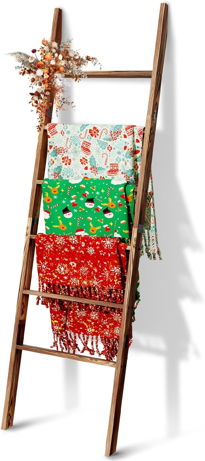 6-Tier Blanket Ladder Wooden, 5.7FT Blanket Quilt Towel Holder Rack Decorative - Image 8