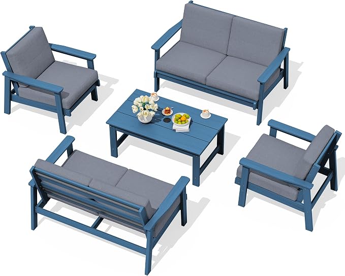 SERWALL HDPE Patio Furniture Set, 5 Piece All Weather Wood-Like Sectional by SERWALL