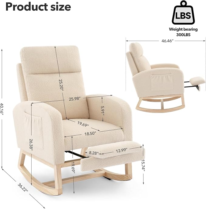 Nursery Rocking Chair with Foot Rest, High Back Upholstered Glider Rocker Chair - Image 2