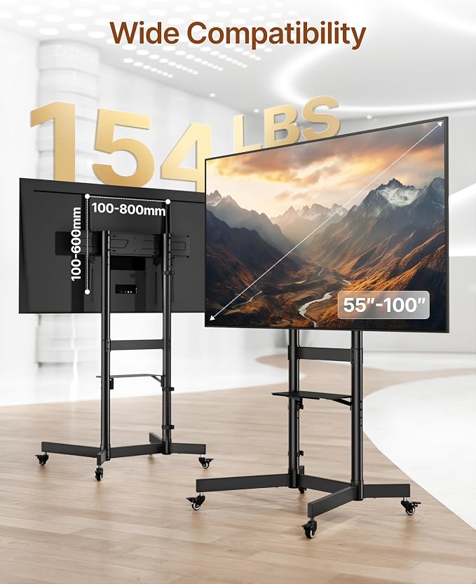 Heavy-Duty Rolling TV Stand for 55–100" Screens — Supports 165 lbs, Stable - Image 2