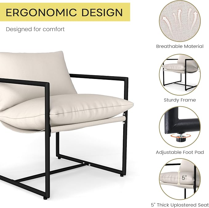 Kromax Sling Accent Chair, Cozy Living Room Chairs, Square Metal Frame - Image 3