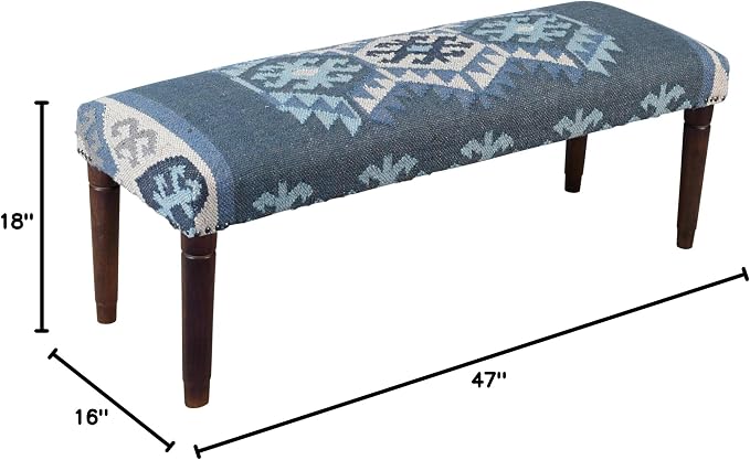 LR Home Blue/Ivory Handmade Upholstered Bench - Image 2