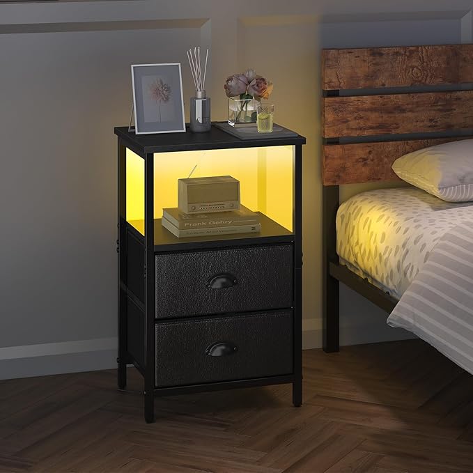 sthmec Nightstand with Charging Station, Night Stand with 2 Fabric Drawers PU - Image 7
