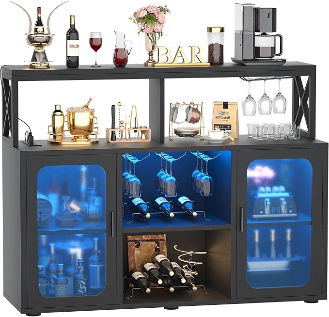 Aheaplus Bar Cabinet with Power Outlets, Liquor Cabinet with Led Lights and by Aheaplus