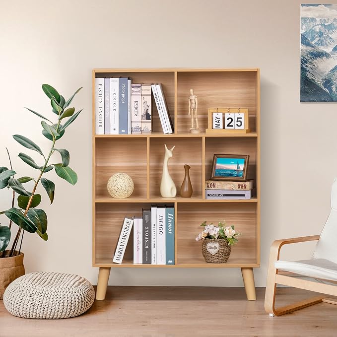 LEYAOYAO Wooden 7 Cube Book Shelf, Natural 3 Tier Bookshelf - Image 3