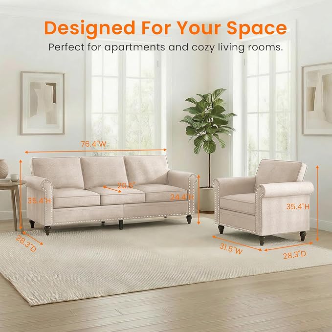 2 Piece Living Room Sofa Sets, Modern 3 Seater Sofa and Armchair Sets, Linen - Image 2
