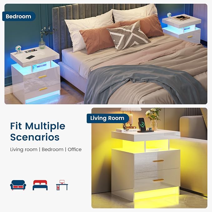 HNEBC Nightstand Set of 2 with Charging Station, Auto LED Night Stand with - Image 8