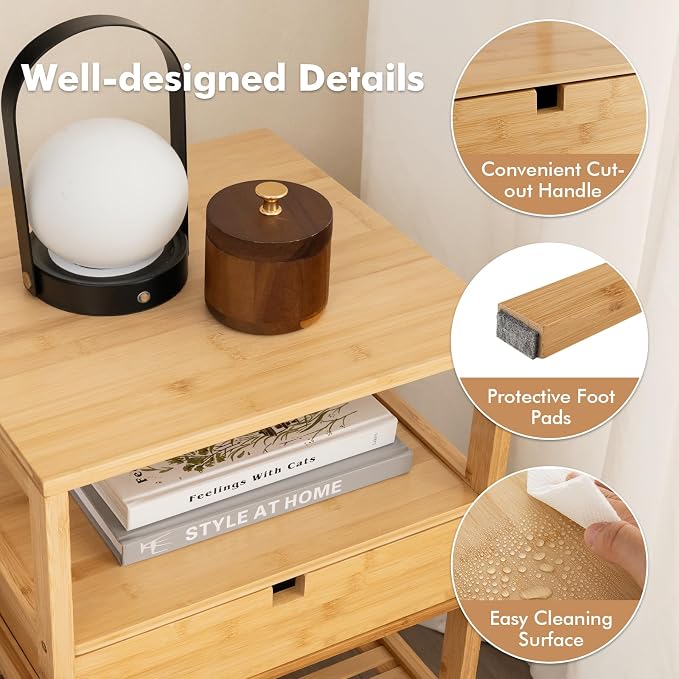 Giantex Bamboo Nightstands Set of 2, Wood Side Tables - Image 5