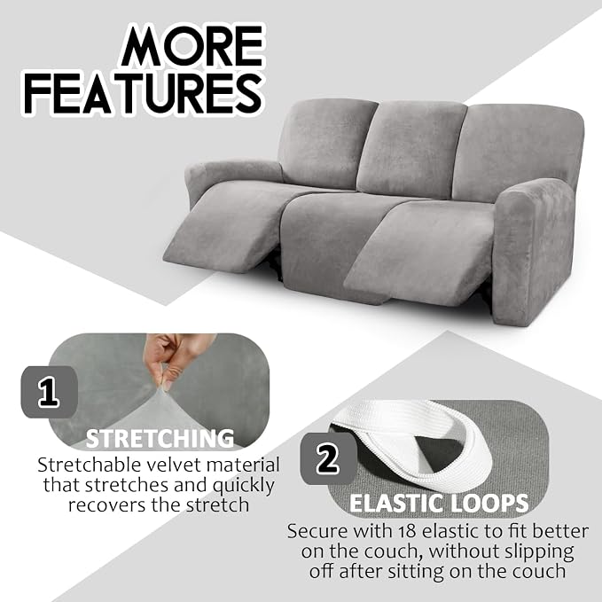 ULTICOR Velvet 8-Pieces Recliner Sofa Covers Stretch Reclining Couch Covers - Image 4