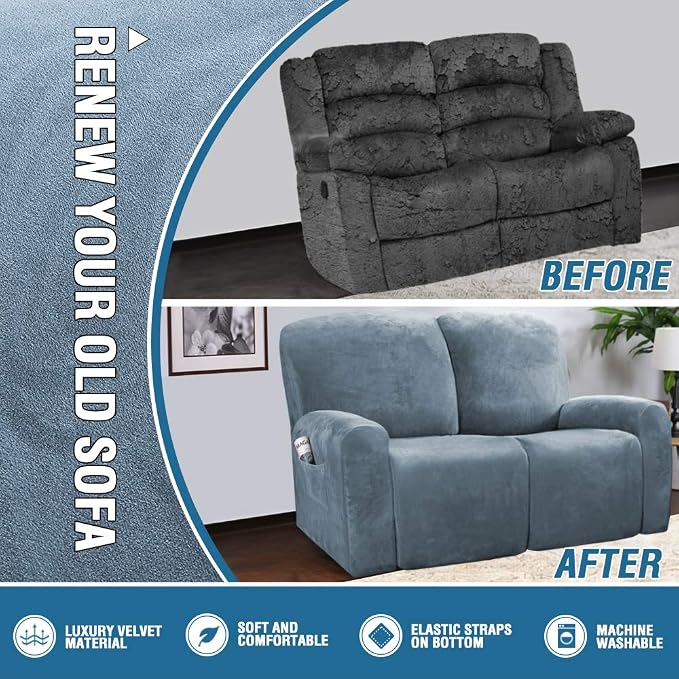 H.VERSAILTEX Velvet Stretch Recliner Couch Covers 6-Pieces Recliner Loveseat - Image 5