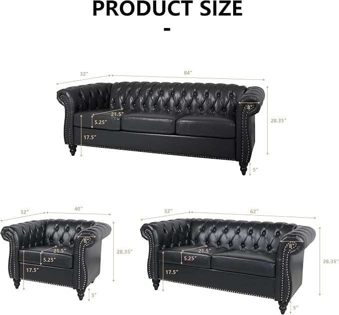 AVZEAR Chesterfield Leather Sofa 3 Seater Couch, Mid-Century Large Sofa Roll - Image 2