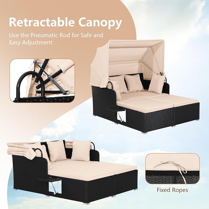 COSTWAY Outdoor Daybed with Retractable Canopy, Patio Rattan Daybed with - Image 2