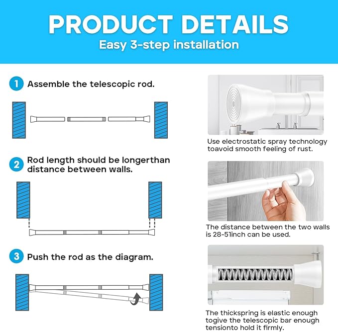 AIZESI Spring Tension Rods Adjustable Tension Curtain Rod Small Tension Rod No - Image 6