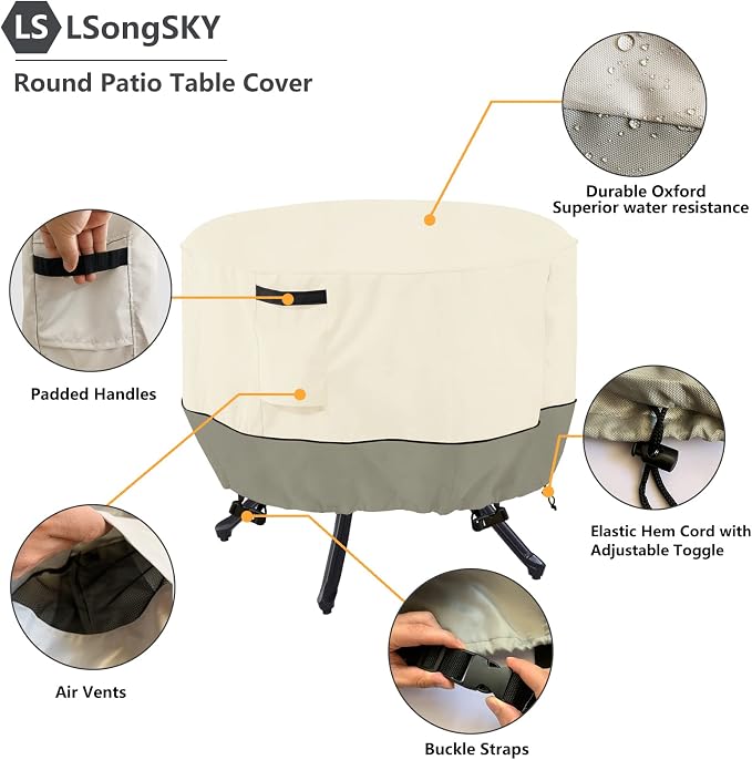 Round Patio Table Cover, 600D Heavy Duty Outdoor Furniture Covers Waterproof - Image 3