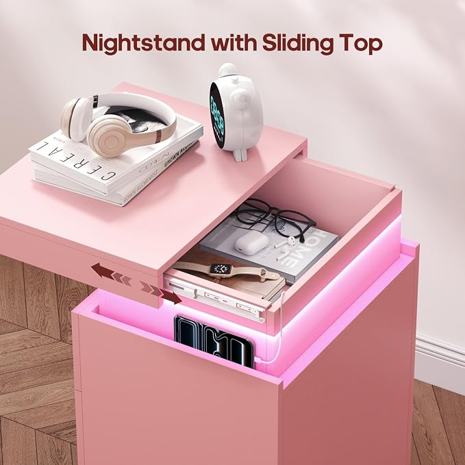 ADORNEVE Nightstand with Charging Station and LED Lights, Night Stand with - Image 4