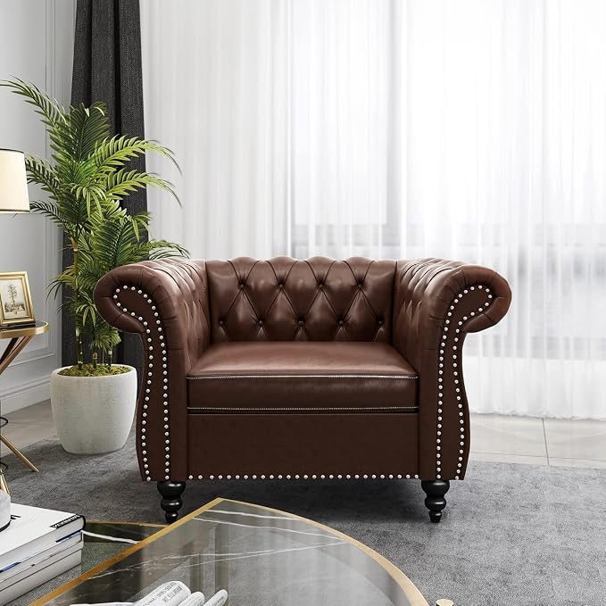 Living Room Chair, Modern Leather Chesterfield Sofa Chair, Mid Century Single - Image 3