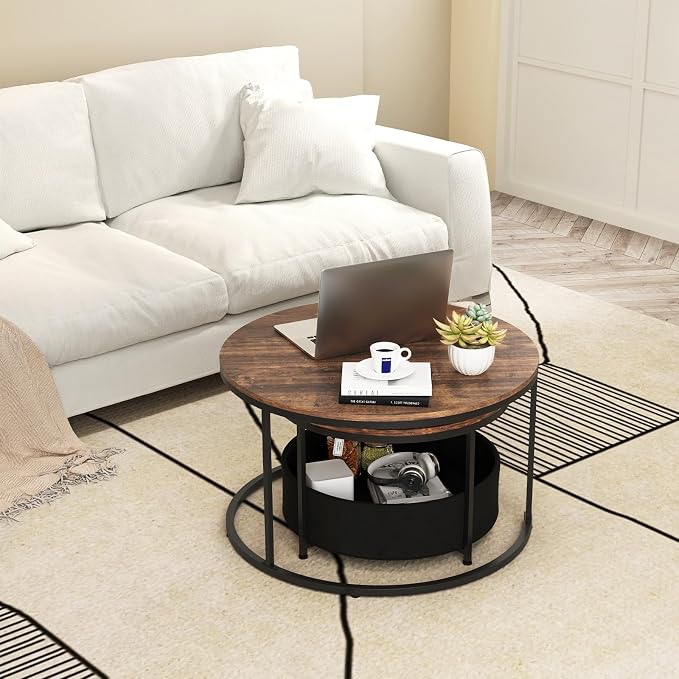 Tangkula Round Nesting Coffee Table Set of 2, Wooden Center End Table - Image 8