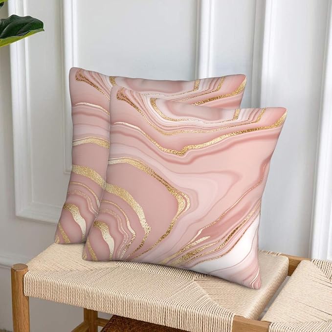 Pink and Gold Marble Throw Pillow Covers 18x18 Inch Set of 2, Abstract Art - Image 2