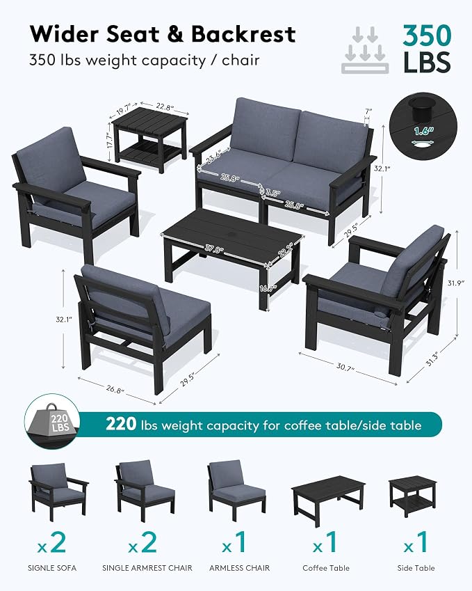SERWALL HDPE Patio Furniture Set, 7-piece Outdoor Sectional Sofa Set, All - Image 2