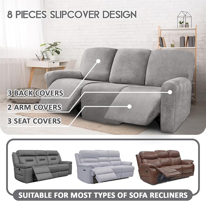 ULTICOR Velvet 8-Pieces Recliner Sofa Covers Stretch Reclining Couch Covers - Image 2