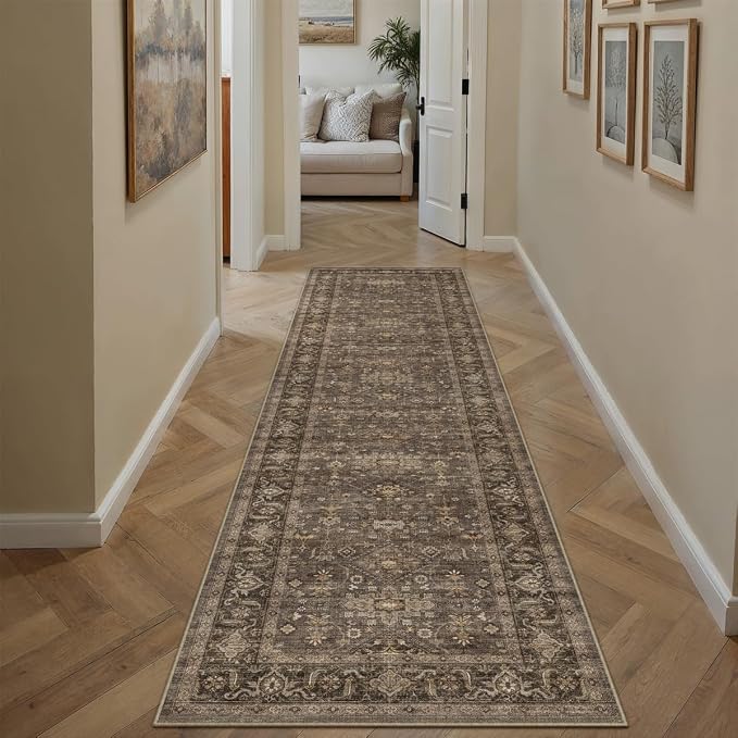 2x8 Washable Runner Rug for Hallway Kitchen Vintage Brown Non Slip Low Pile - Image 5