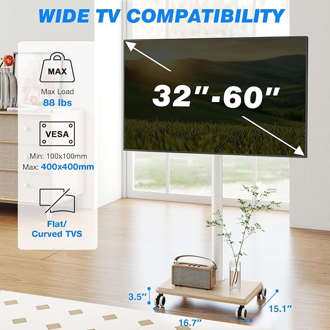 Rfiver Rolling TV Stand for 32 to 55 60 Inch TVs up to 88lbs, Height Adjustable - Image 3