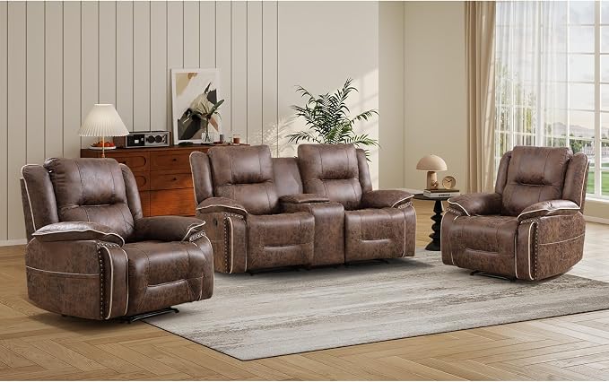 EBELLO Faux Leather Manual Recliner Sofa Set, 2 Seat Reclining Chair and a - Image 7