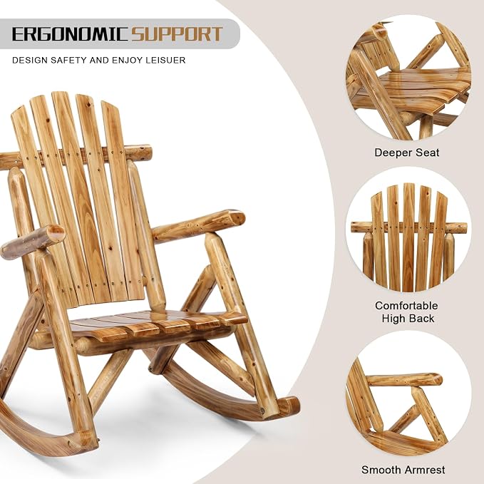 Outvita Wooden Rocking Chair, Fir Log Adirondack Rocker, Outdoor Wood Accent - Image 4