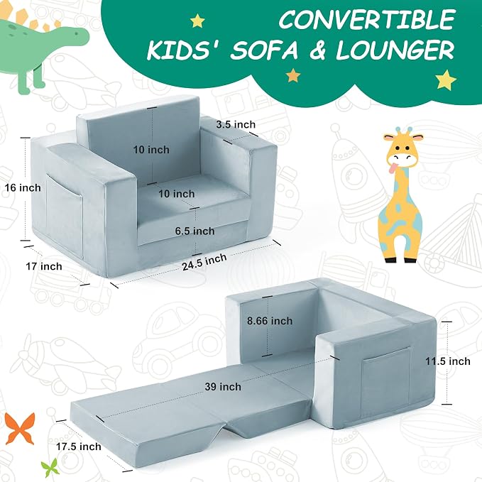 Kids Couch, 2-in-1 Toddler Chair Comfy 1-3 Years, Convertible Kids Chair - Image 3