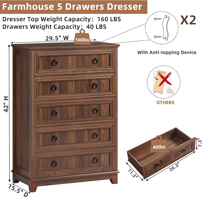 Joaxswe Farmhouse 5 Drawer Dresser - Image 2