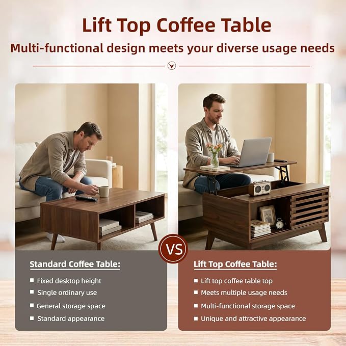 Lift Top Coffee Table with Storage 35 in, Mid Century Modern Living Room Table - Image 7
