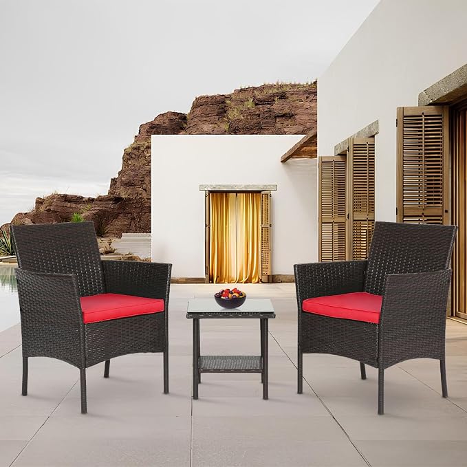 FDW 3 Piece Bistro Conversation Set Patio Brown Wicker Chairs Furniture Outdoor - Image 7