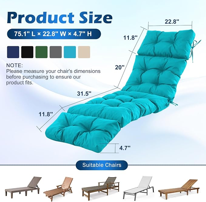 Chaise Lounge Cushions Outdoor, Waterproof & Fade Resistant Patio Lounge Chair - Image 2