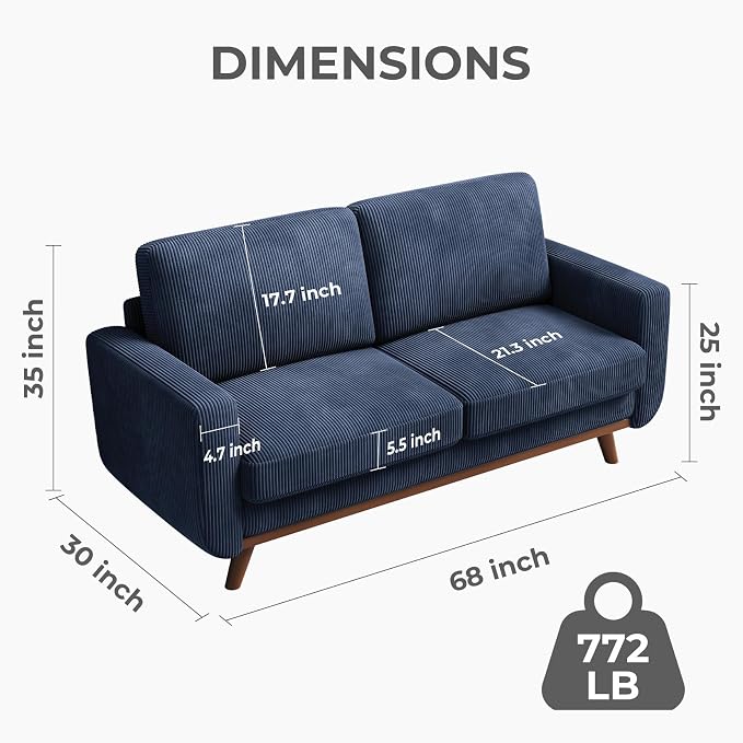 Vesgantti 68" Loveseat Sofa Dark Blue, Comfy Corduroy Couch - Image 2
