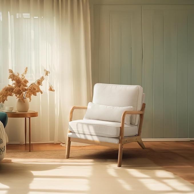 Bonnlo Coarse Linen Beige Mid Century Modern Accent Chair, Soild Wood Padding by Bonnlo