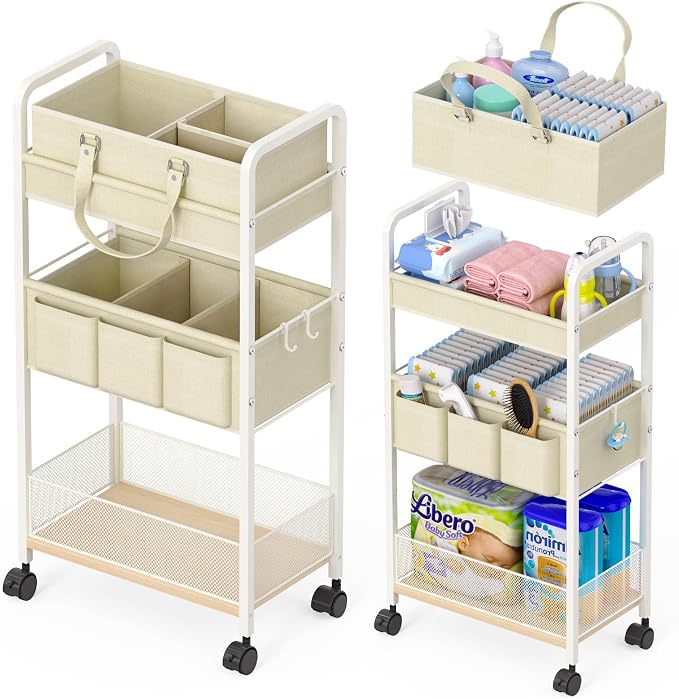 2In1 Baby Diaper Caddy & 3-Tier Rolling Cart, Diaper Caddy Organizer Carts by LIDTOP