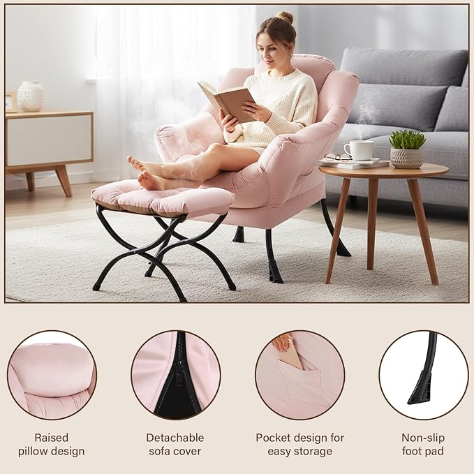 Welnow Lazy Chair with Ottoman, Modern Accent Chair with Armrests and a Side - Image 4