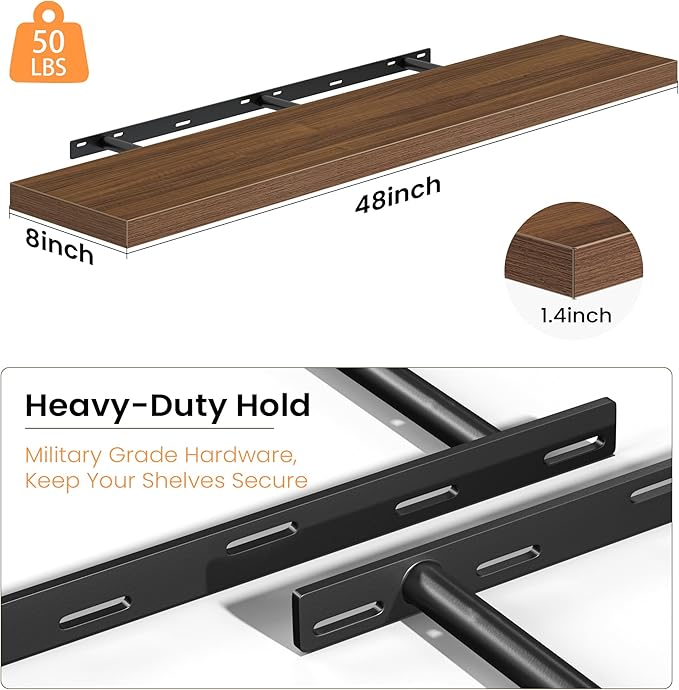 Fun Memories Floating Shelves for Wall, 48 Inch Long Set of 2 Rustic Wood Wall - Image 3